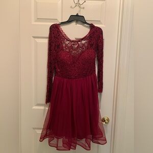 Burgundy Lace Sequin Long Sleeve Homecoming Dress